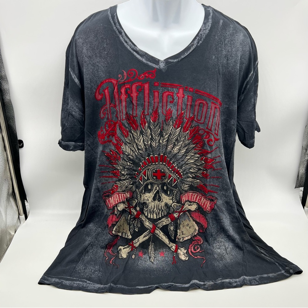 Affliction Men’s Factory Distressed Black w/Red Velvet Details Short Sleeve Tee